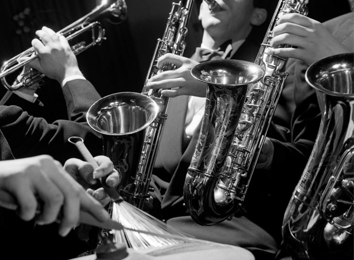 Black & White Jazz Saxophones Ensemble Card