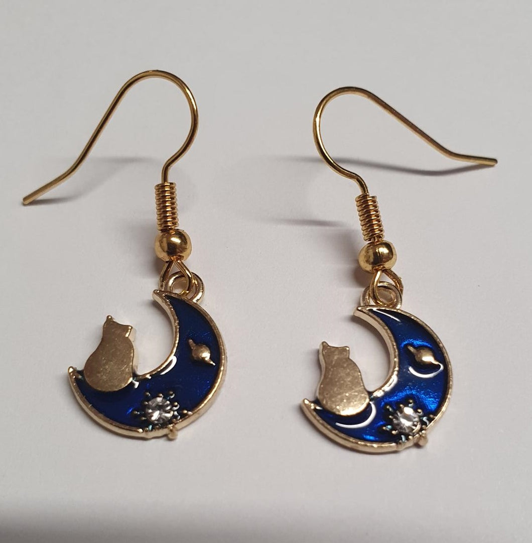 Moon & Cat Enamel Retro Drop Earrings