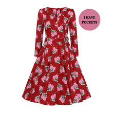 Load image into Gallery viewer, Ruby Red Floral Swing Dress