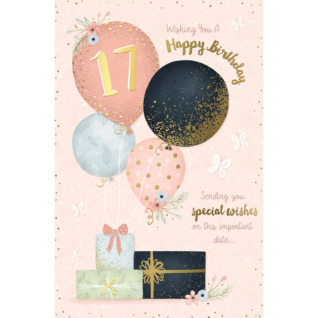 Wishing Well 17 Pink Balloons Birthday Card