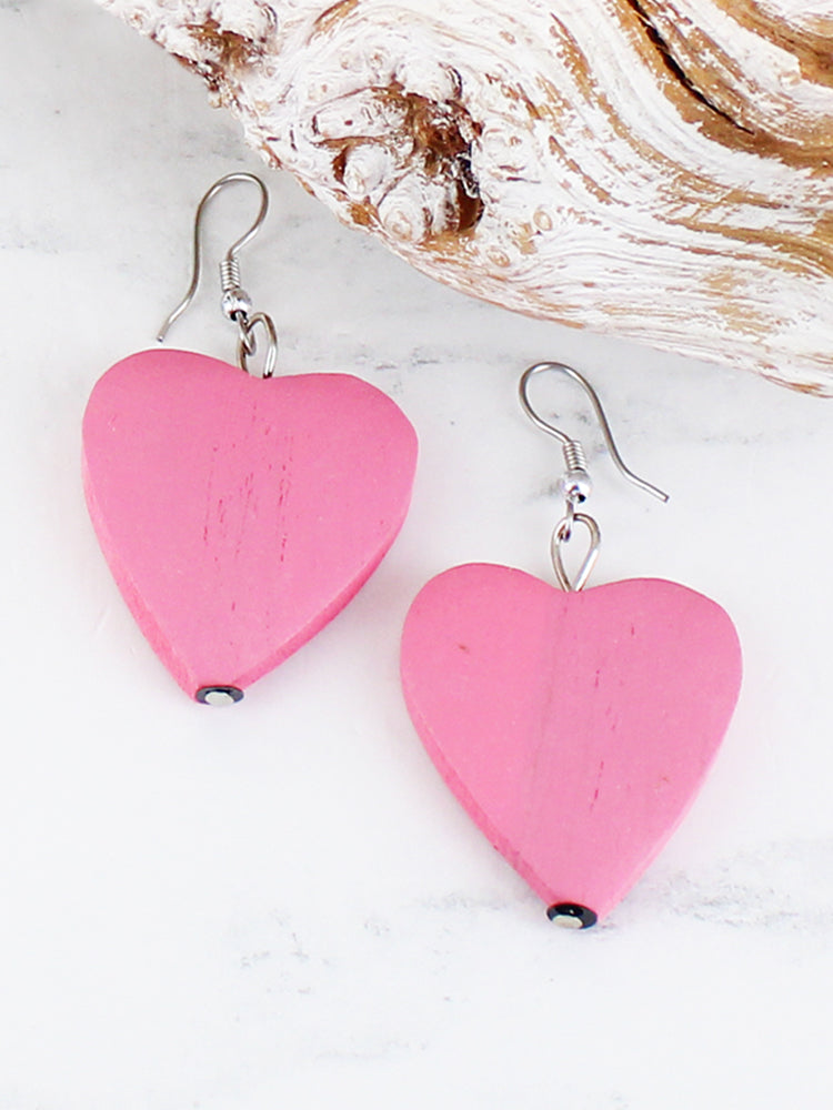 Suzie B Wooden Heart Earrings Pink
