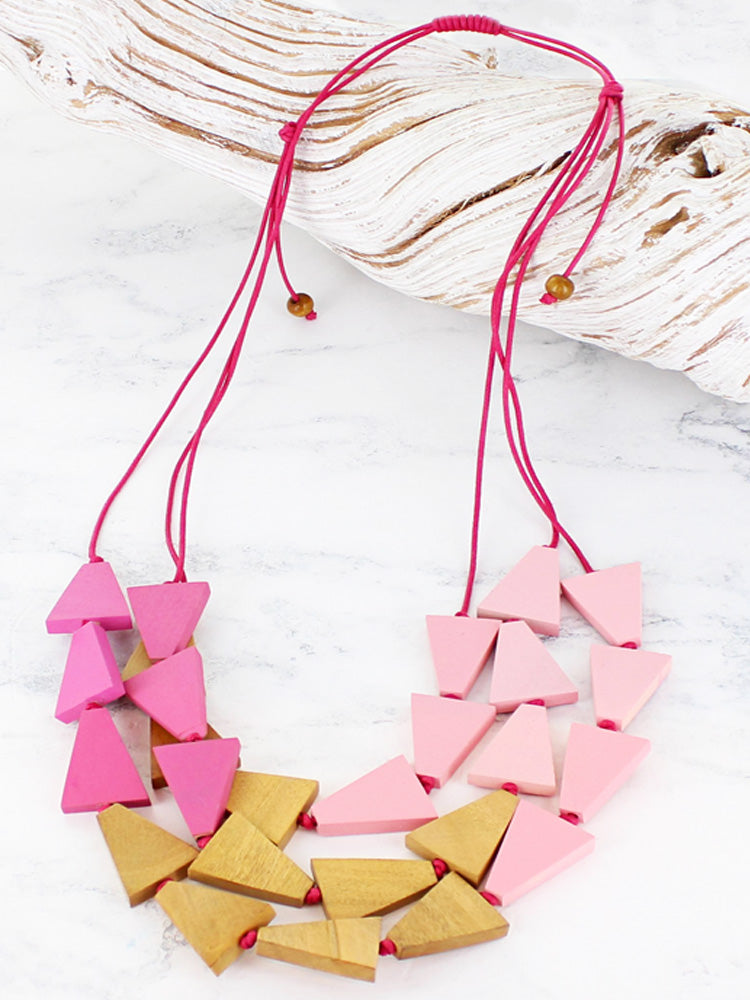 Suzie B Wooden Triple Triangle Necklace Pink