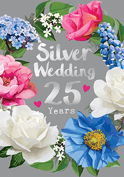 Bright Floral 25 Years Silver Wedding Card