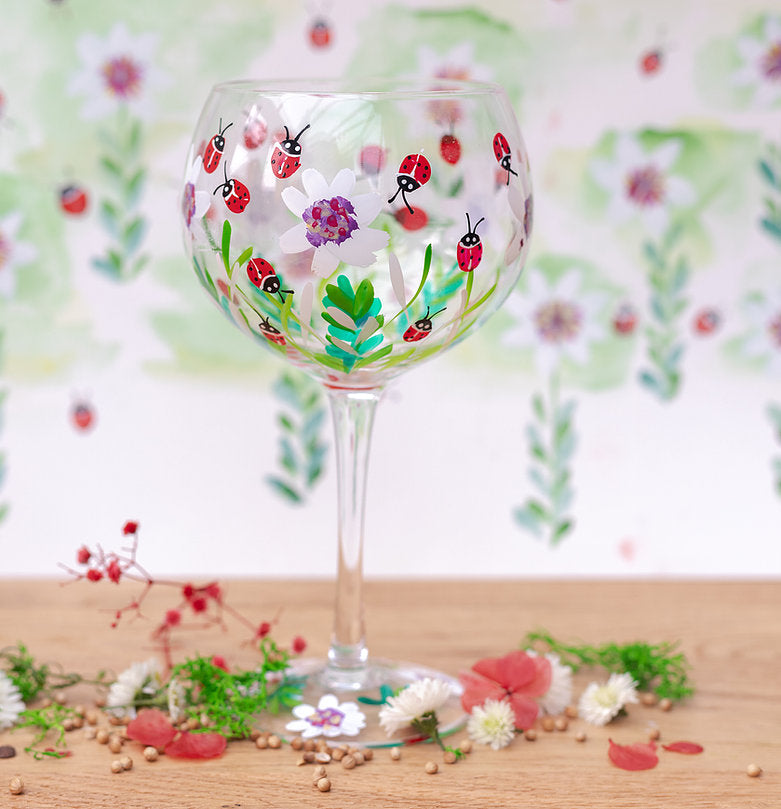 Gin Glass Painted Ladybirds & Flowers