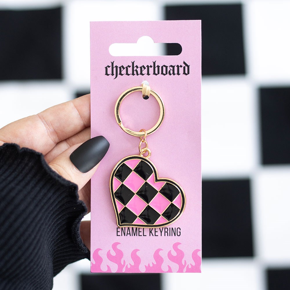 Checkerboard Heart Enamel Keyring