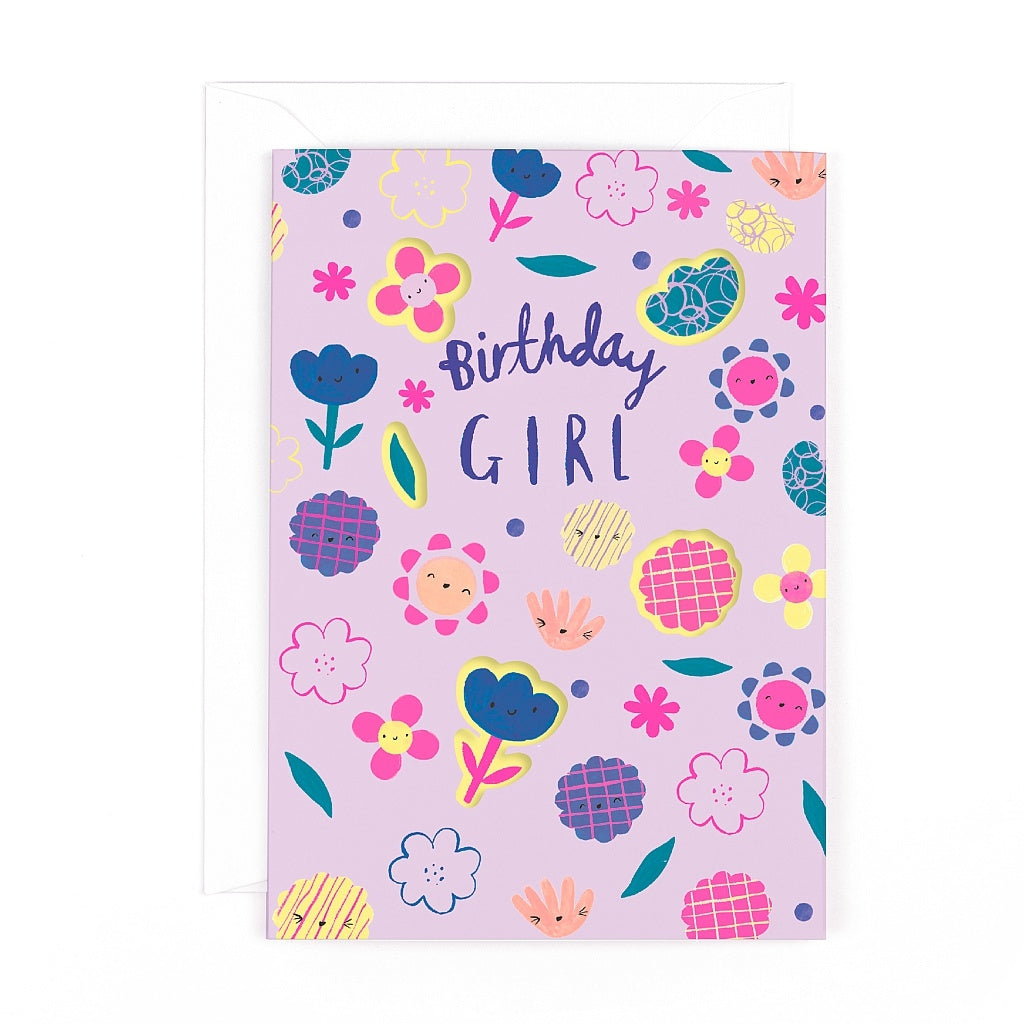 Doodle Birthday Girl Flowers Card