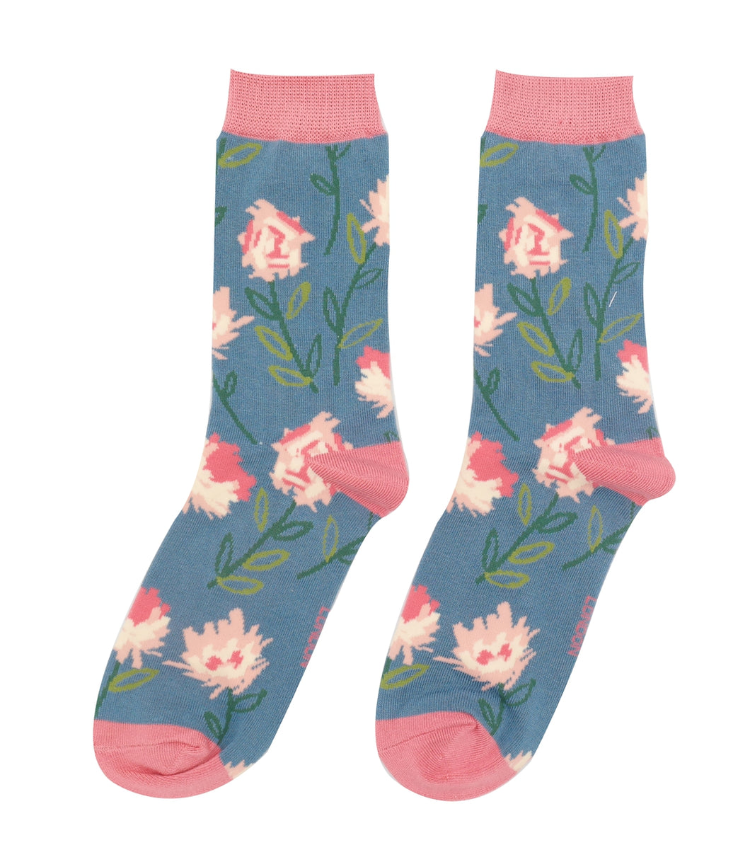 Bamboo Socks Flower Stems Denim Blue
