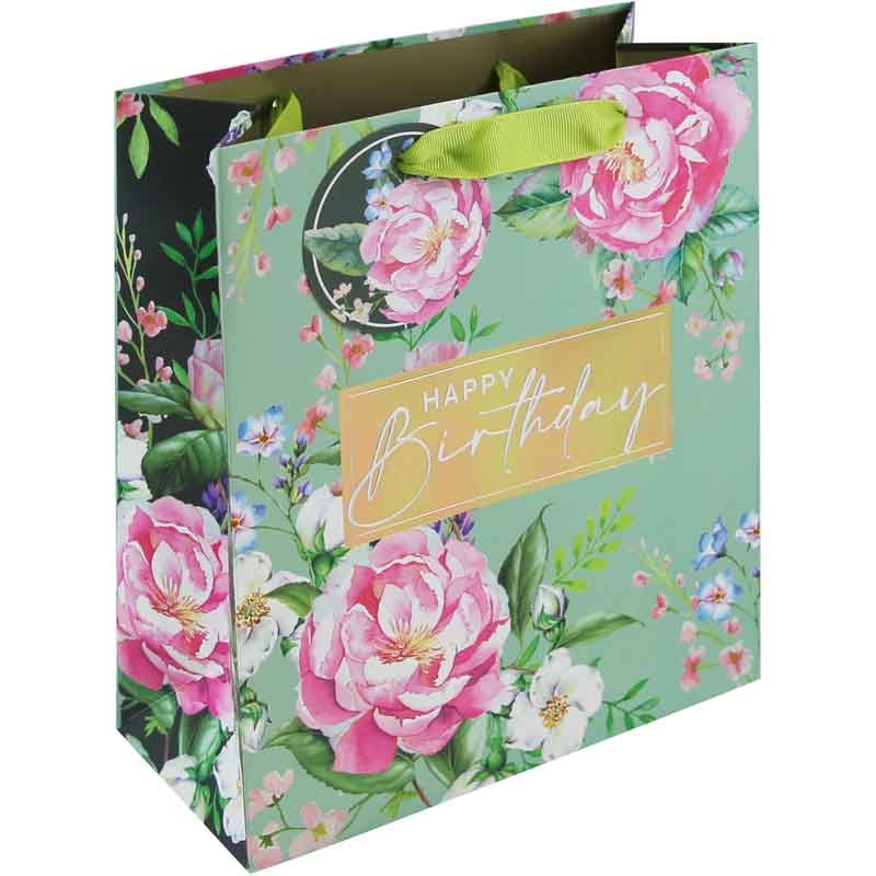 Gift Bag Medium Aqua Peonies