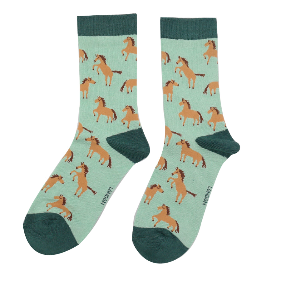 Bamboo Socks Horses Mint Green