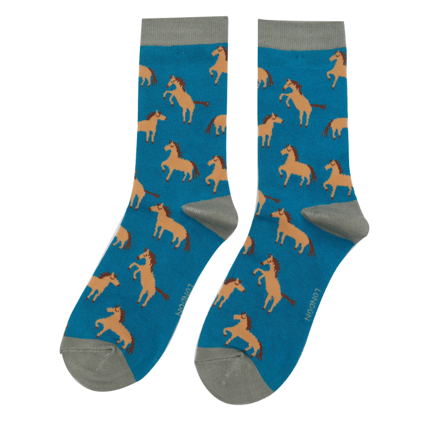 Bamboo Socks Horses Teal