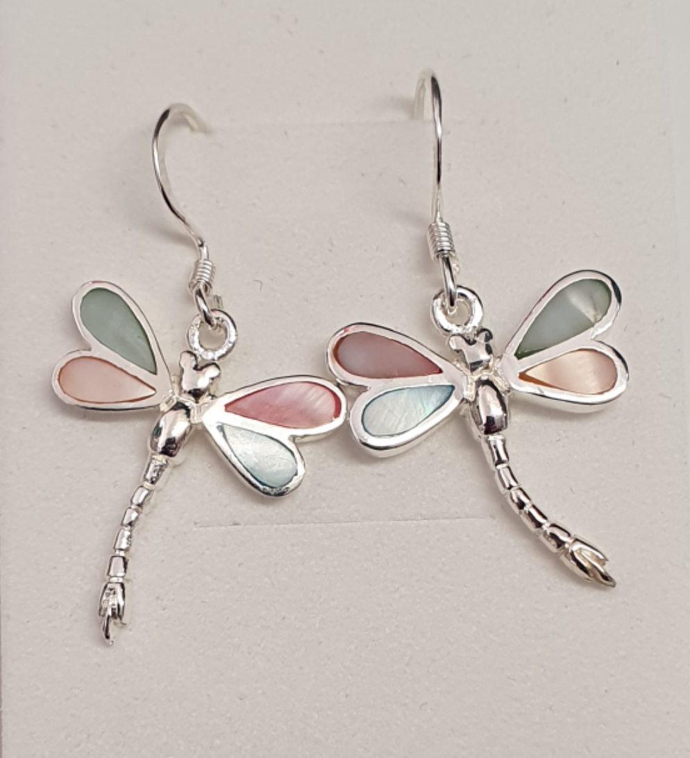 Sterling Silver Dragonfly Earrings Mother of Pearl Multi