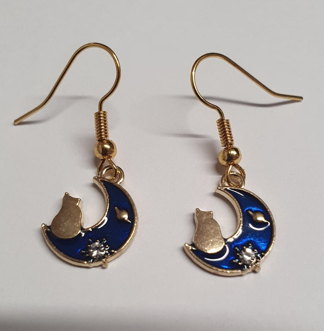 Enamel Moon & Cat Retro Drop Earrings