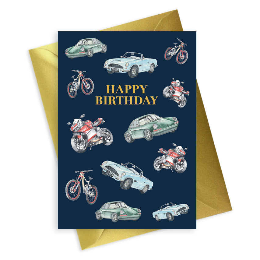 Navy Blue Happy Birthday Cars & Bikes Card