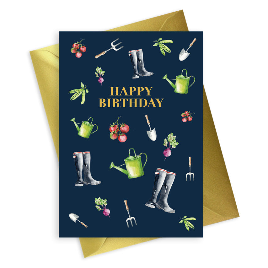 Navy Blue Happy Birthday Gardening Card