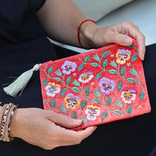 Load image into Gallery viewer, POM Coral Pansies Velvet Zip Purse
