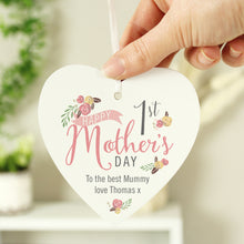 Load image into Gallery viewer, Personalised Floral 1st Mother&#39;s Day Wooden Heart
