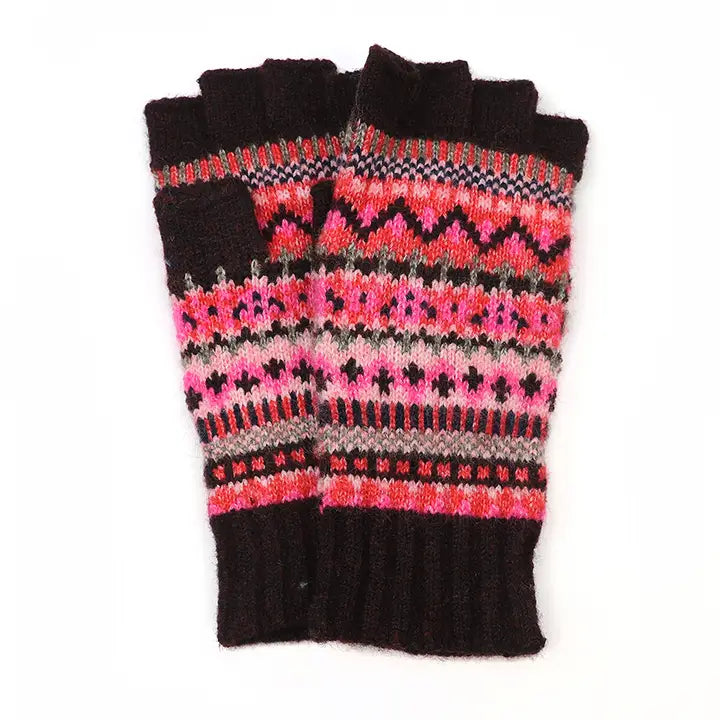 POM Fair Isle Fingerless Gloves Burgundy Mix
