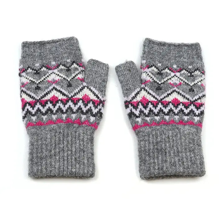 POM Fair Isle Fingerless Mittens Grey Mix