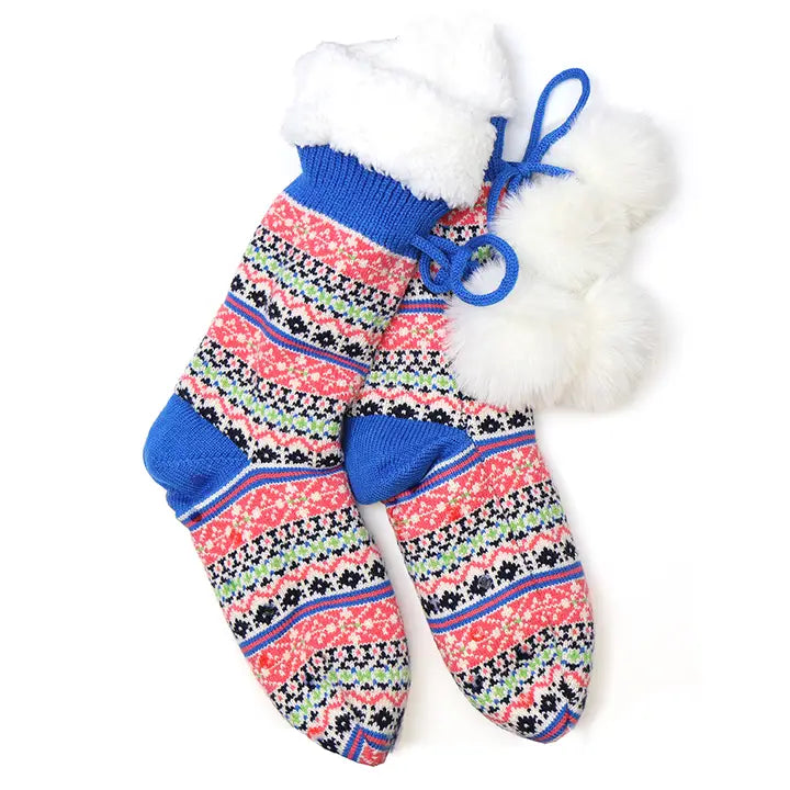 POM Fair Isle Sherpa Slipper Socks Blue