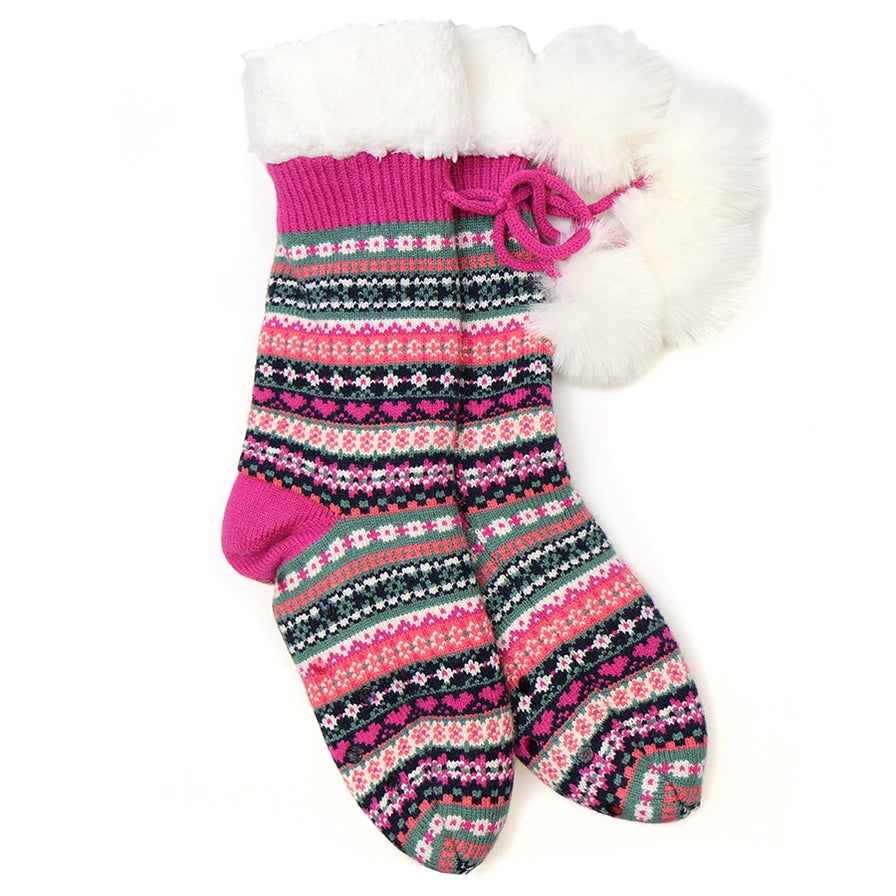 POM Fair Isle Sherpa Slipper Socks Bright Pink