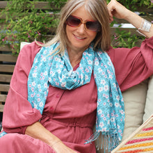 Load image into Gallery viewer, POM Turquoise Floral Scarf
