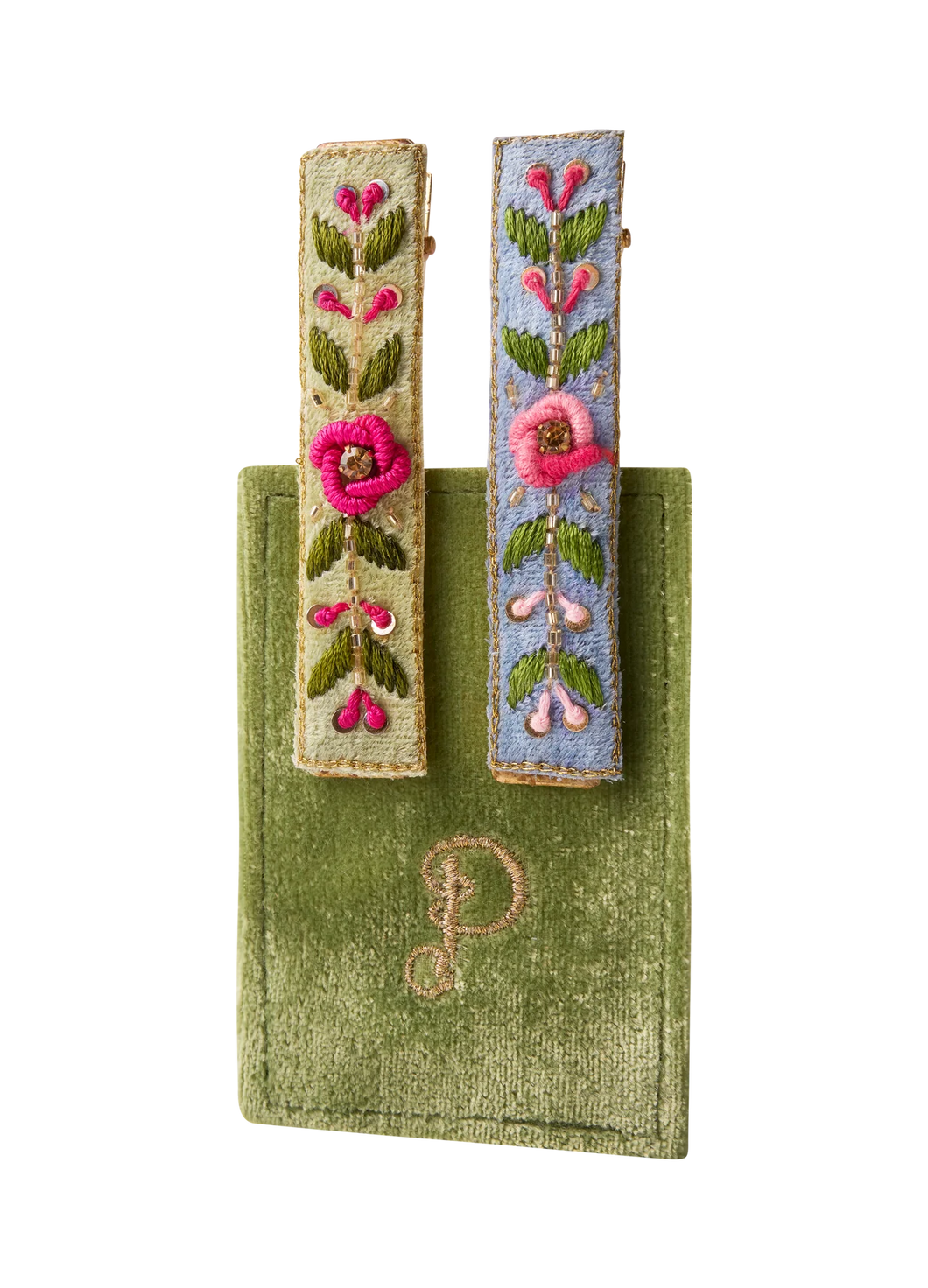Powder Embroidered Vine Hairclips Green & Blue