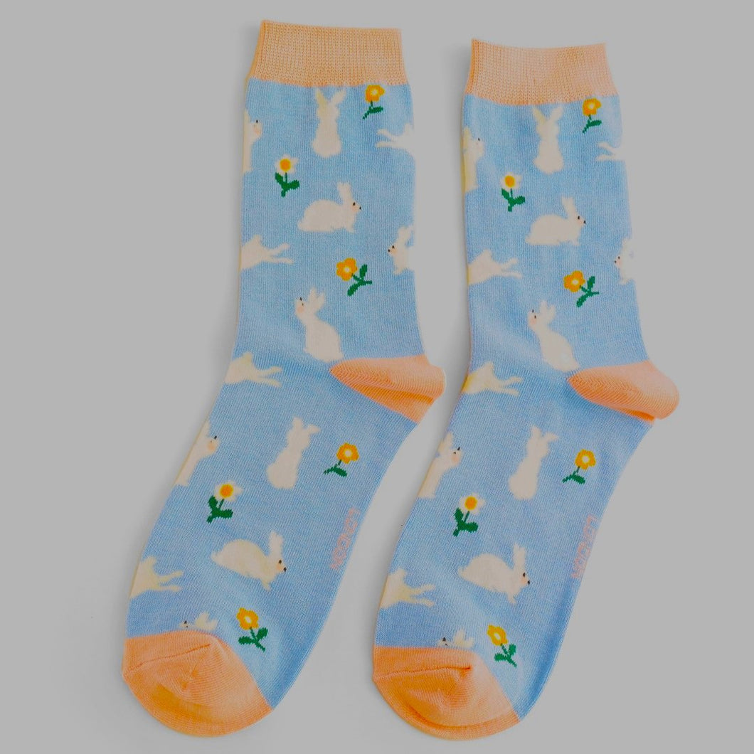 Bamboo Socks Rabbits & Daisies Blue