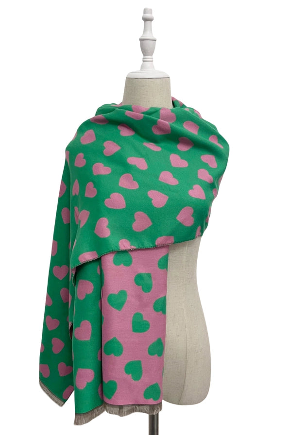 Reversible Love Heart Scarf Green/Pink