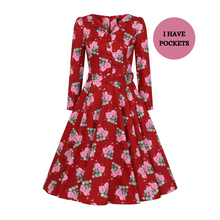 Load image into Gallery viewer, Ruby Red Floral Swing Dress
