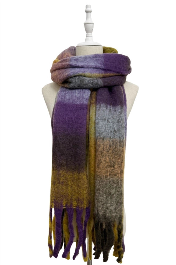 Soft Tassel Scarf Check Print Purple & Mustard