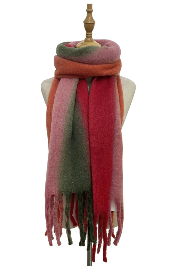 Soft Tassel Scarf Stripe Red/Green/Pink