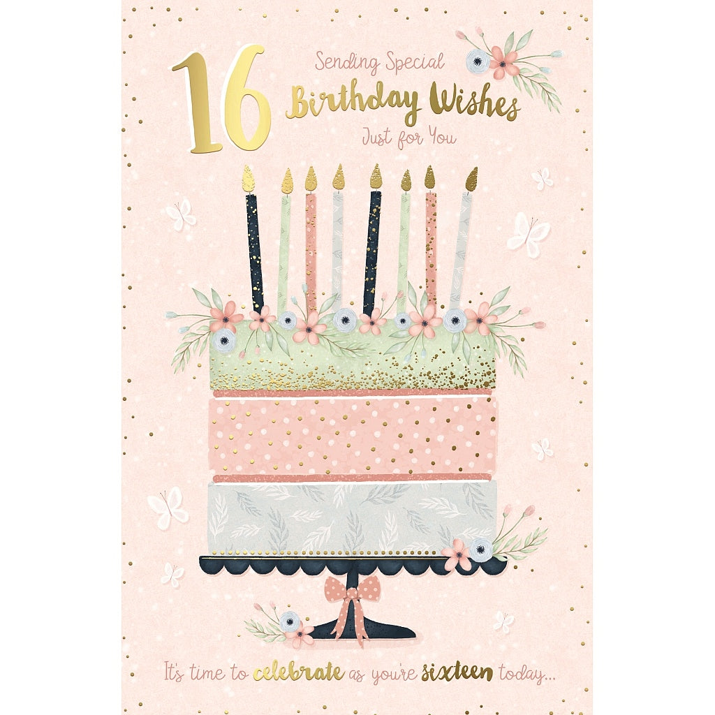 Wishing Well 16 Pink Cake Birthday Card