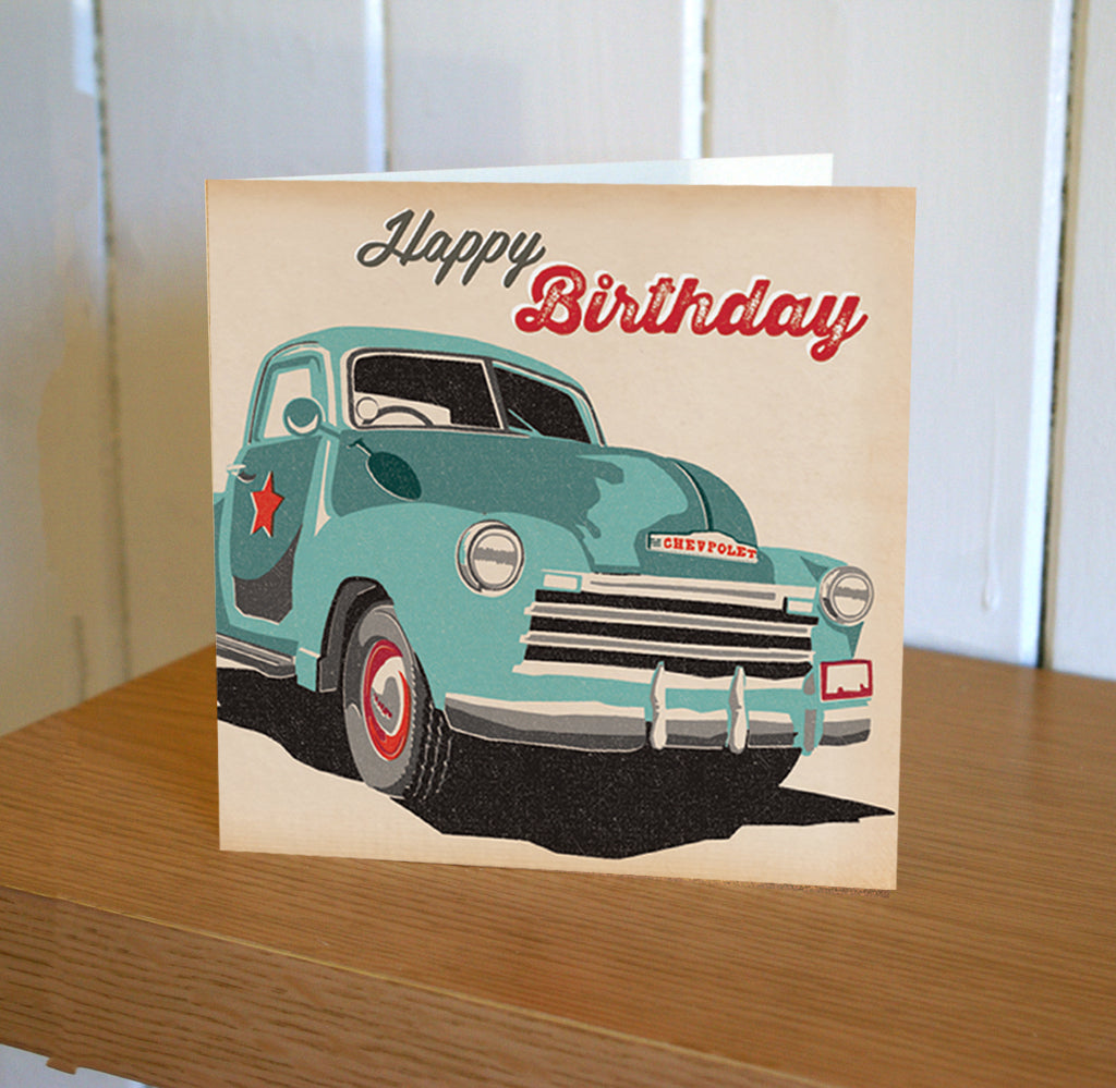 Autojumble Happy Birthday Teal Chevy Pickup Card