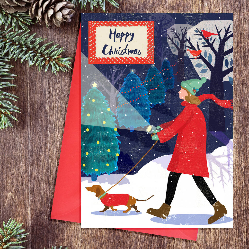 Christmas Retro Dog Walk Dachshund Card