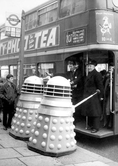 Black & White Daleks On London Bus Card