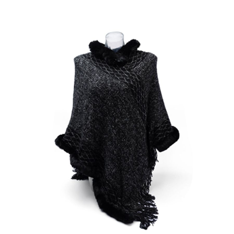 Faux Fur Edged Poncho Black