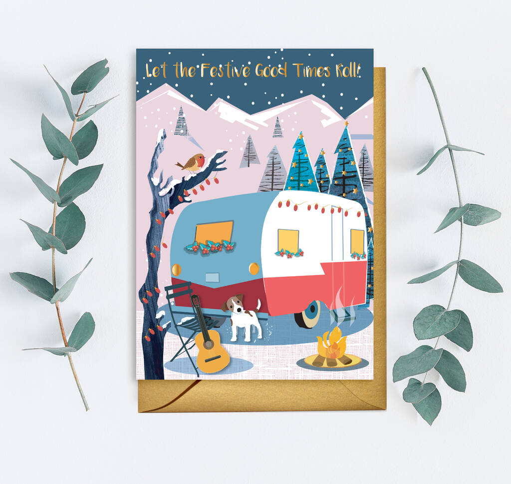 Christmas Festive Alpines Dog Caravan Card