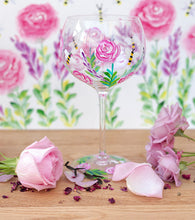Load image into Gallery viewer, Gin Glass Painted Bee &amp; Roses
