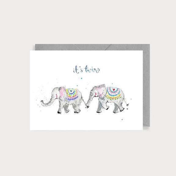Watercolour It's Twins Elephants Card