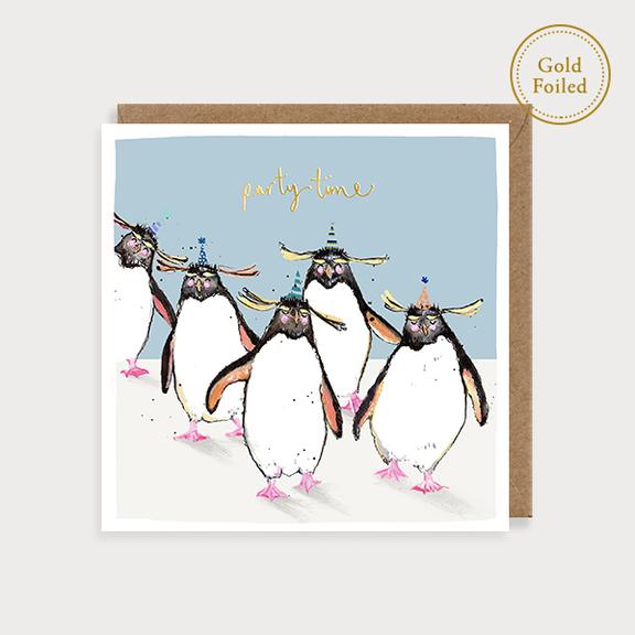 Watercolour Party Time Penguins Card